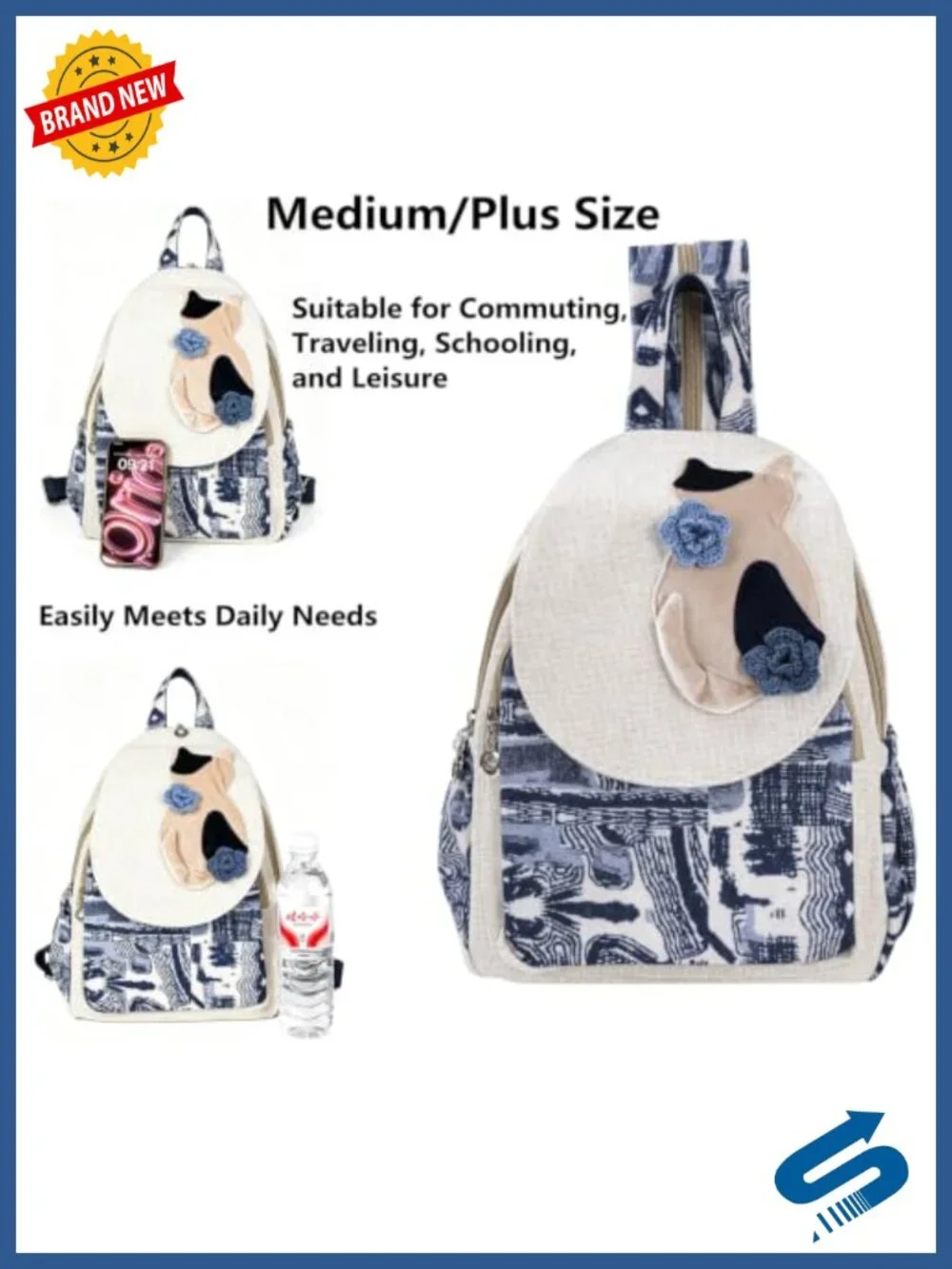 Boho Hippie Multicolor Canvas Backpack with Cat Print, Retro Daypack,